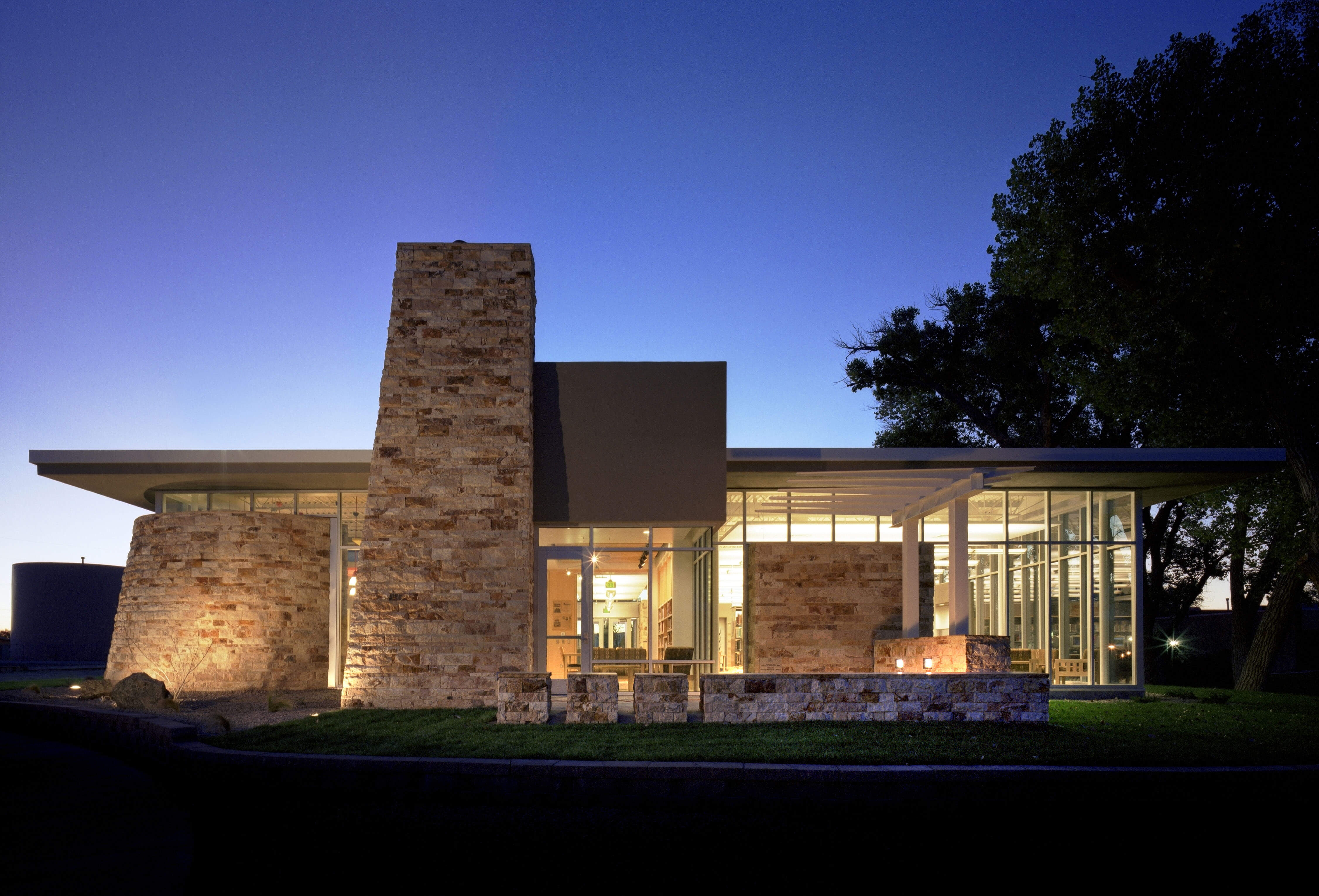 williams memorial library exterior night shot with windows lit